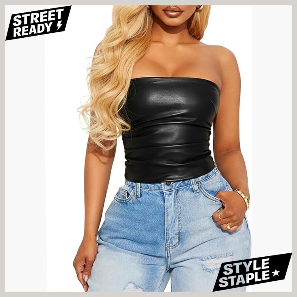 Faux Leather Strapless Tube Top Ruched Crop Top Club Party Wear